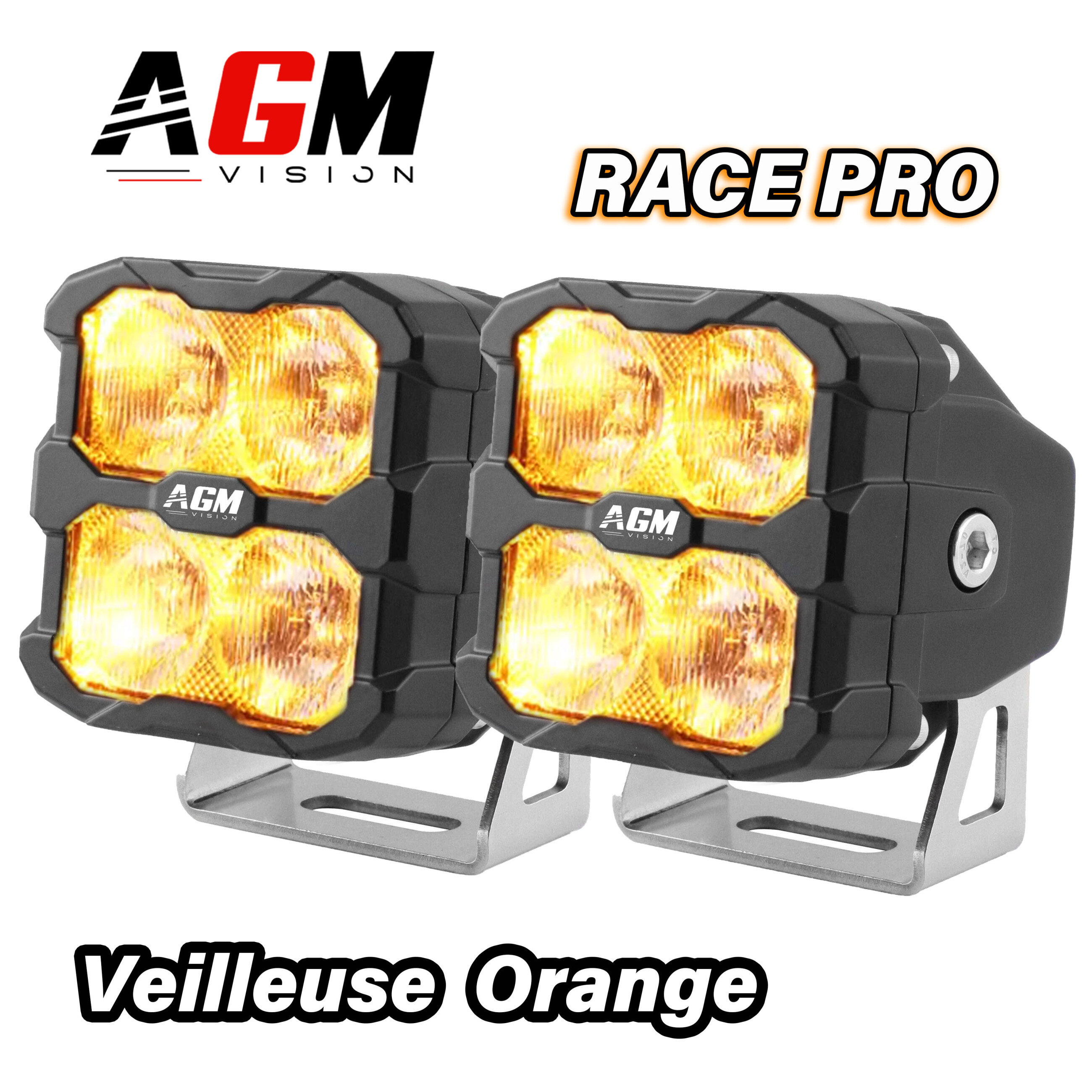 Kit 2 Phares LED Moto Carré Race Pro 120W + Veilleuse Orange
